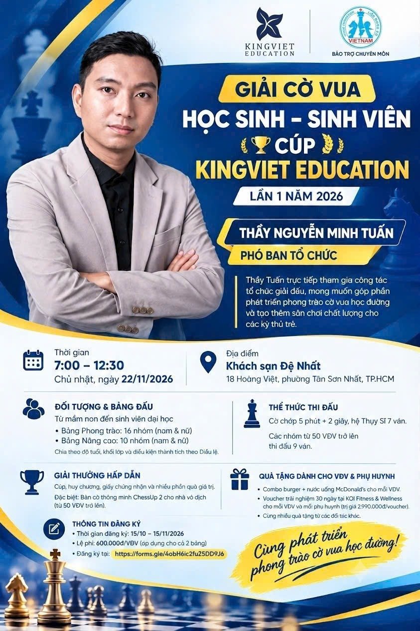 Poster Giải cờ vua Học sinh – Sinh viên Cúp KingViet Education lần 1 năm 2026